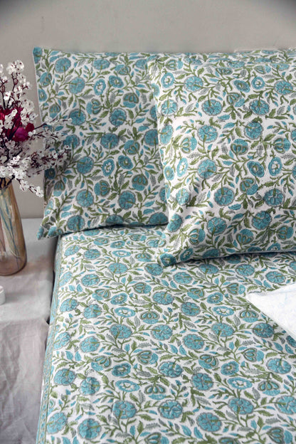 Teal and white block printed floral cotton bedsheet with pillow covers