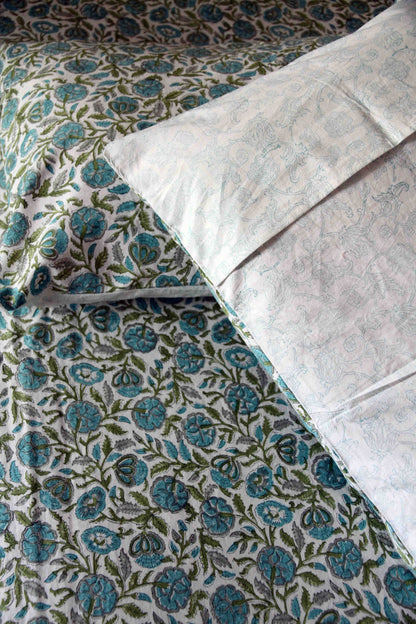 Teal and white block printed floral cotton bedsheet with pillow covers