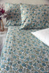 Teal and white block printed floral cotton bedsheet with pillow covers