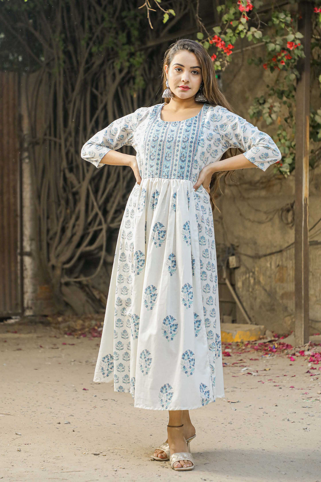 White and blue block printed cotton flared dress