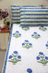 White and blue motifs block printed cotton bedsheet with pillow covers