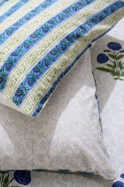 White and blue motifs block printed cotton bedsheet with pillow covers