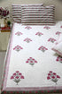 White and pink block printed cotton bedsheet with pillow covers