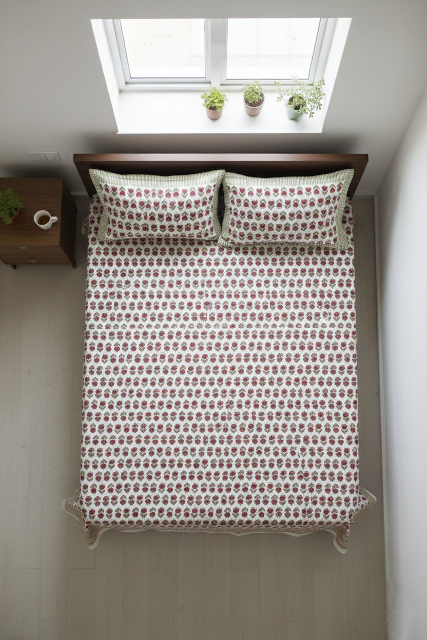 Tulip butti On White Hand Block Printed Cotton Bedsheet