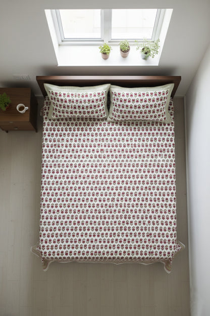 Tulip butti On White Hand Block Printed Cotton Bedsheet