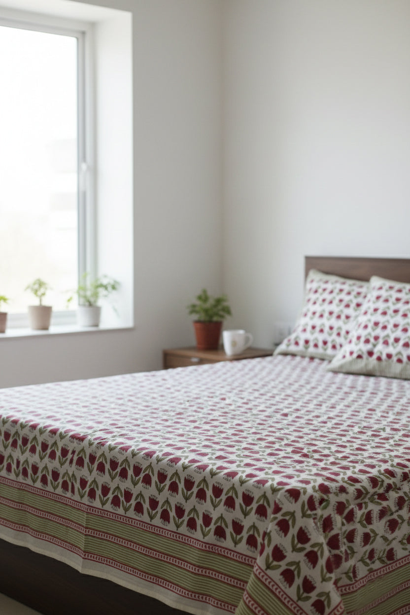 Tulip butti On White Hand Block Printed Cotton Bedsheet