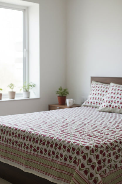 Tulip butti On White Hand Block Printed Cotton Bedsheet