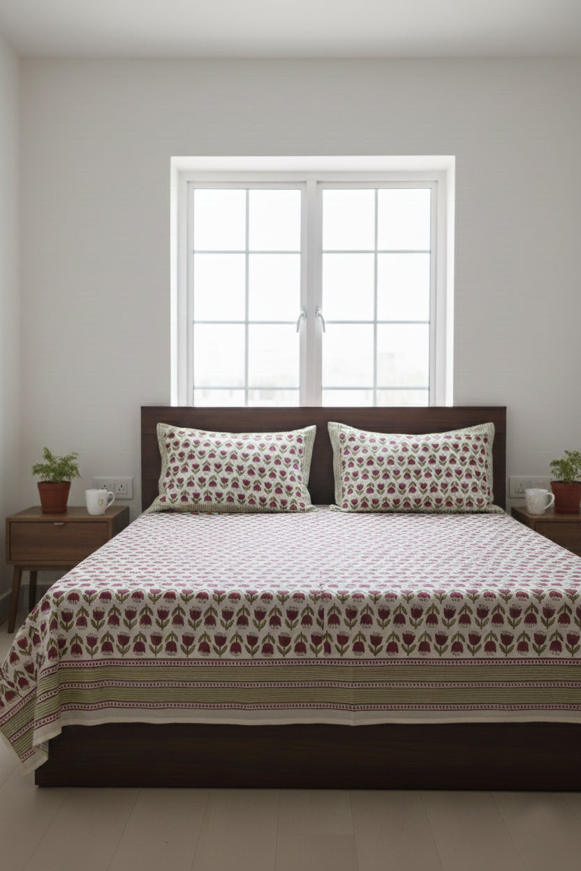Tulip butti On White Hand Block Printed Cotton Bedsheet