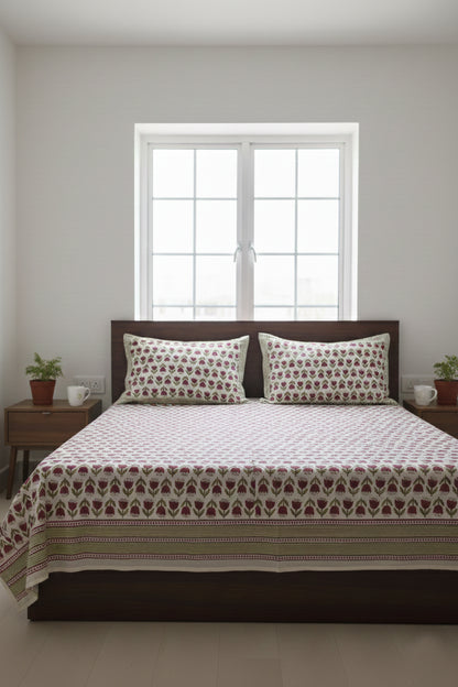 Tulip butti On White Hand Block Printed Cotton Bedsheet
