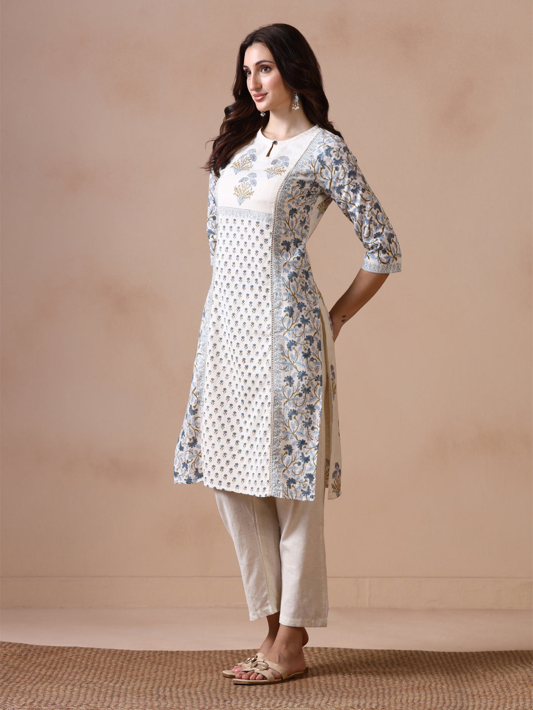 Off-White and Blue Floral Block Print Panelled Cotton Kurta with Keyhole Neck