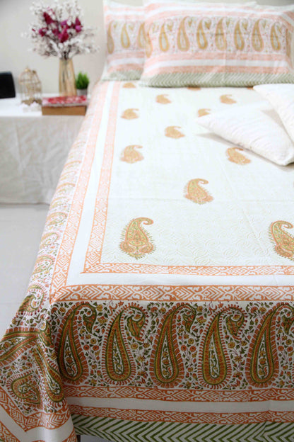 orange and white booti block printed cotton bedsheet with pillow covers