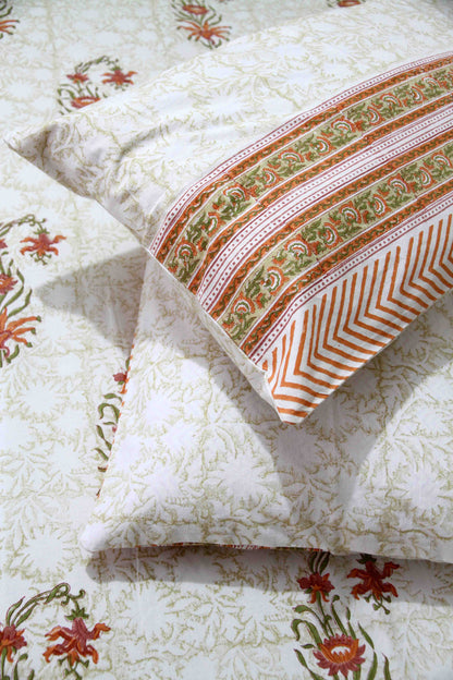 orange and white floral block printed cotton bedsheet with pillow covers