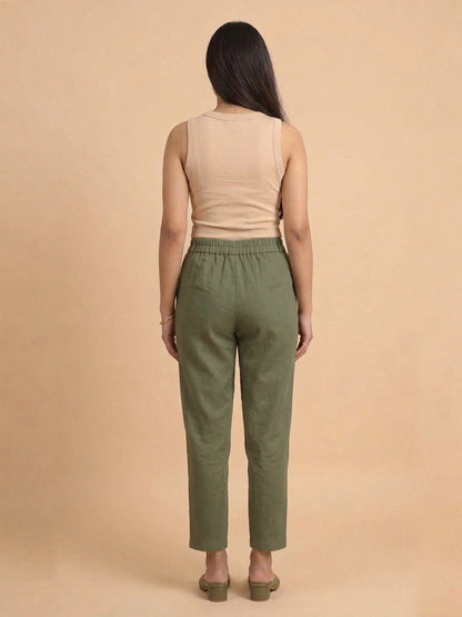 Olive Green Cotton Linen Straight Pants with Drawstring Waist
