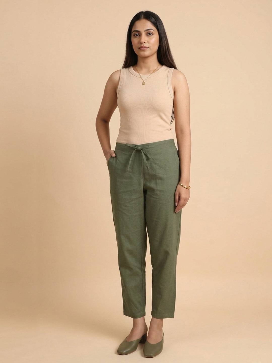 Olive Green Cotton Linen Straight Pants with Drawstring Waist
