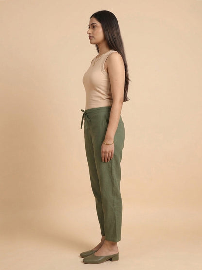 Olive Green Cotton Linen Straight Pants with Drawstring Waist