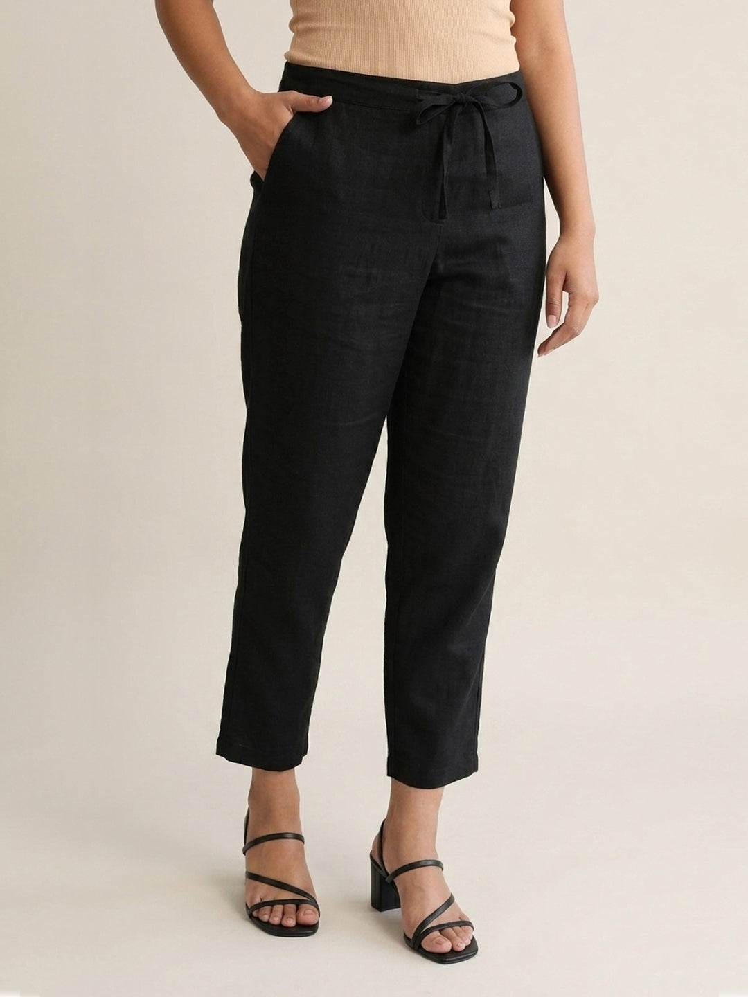 Black Cotton Linen Straight Pants with Drawstring Waist