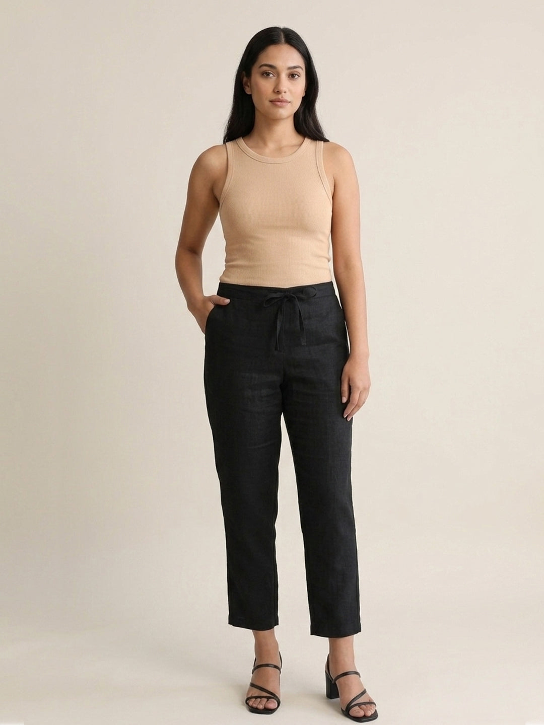 Black Cotton Linen Straight Pants with Drawstring Waist