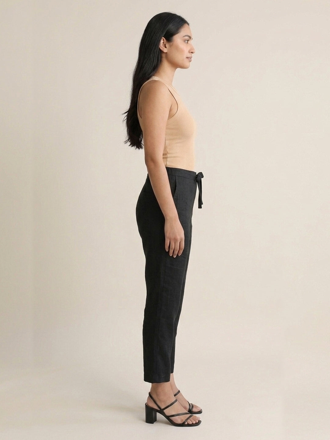Black Cotton Linen Straight Pants with Drawstring Waist