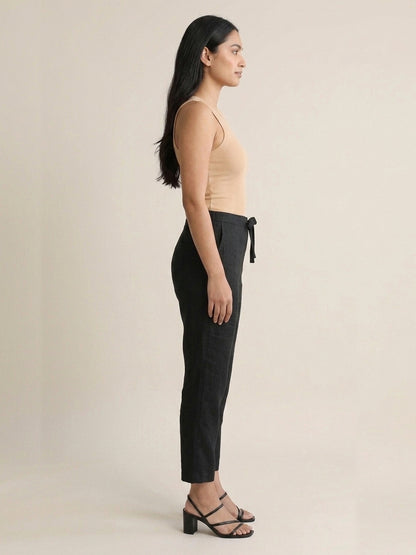Black Cotton Linen Straight Pants with Drawstring Waist