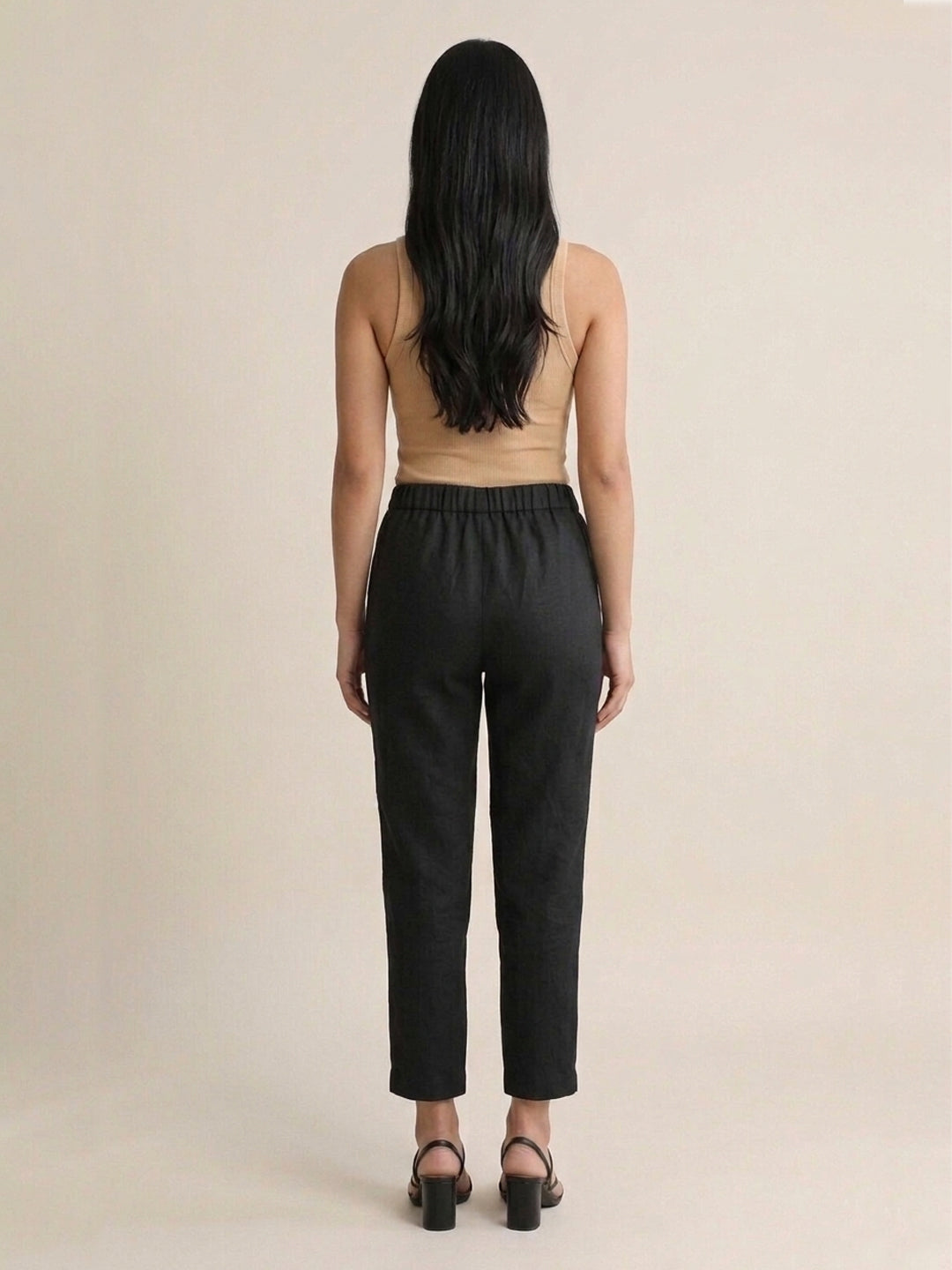 Black Cotton Linen Straight Pants with Drawstring Waist