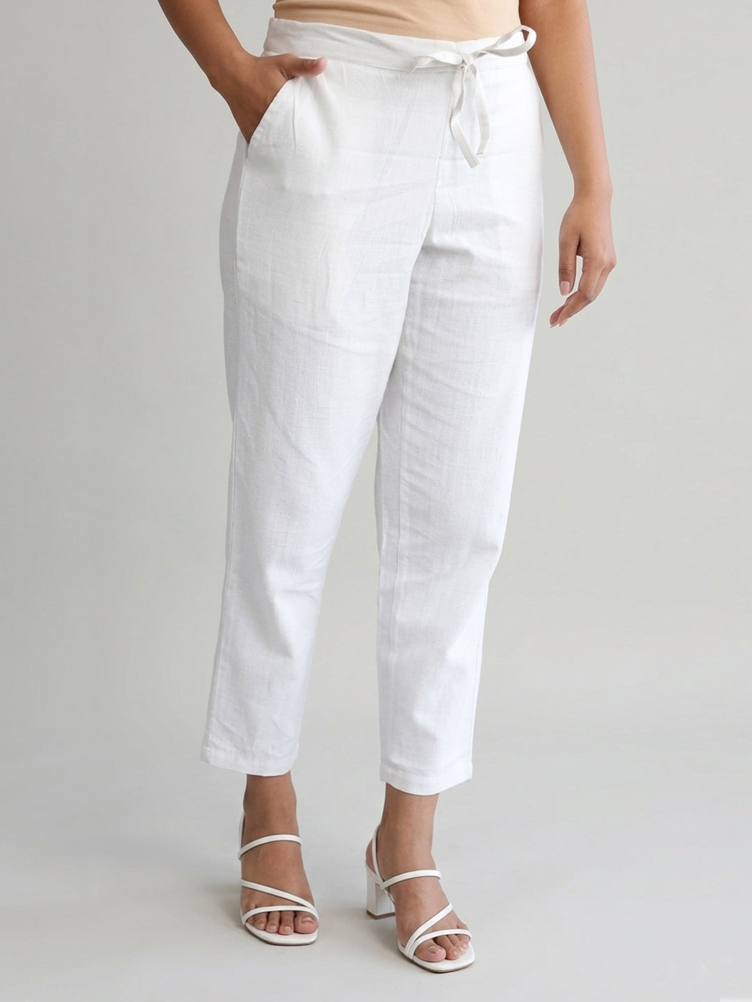 White Cotton Linen Straight Pants with Drawstring Waist