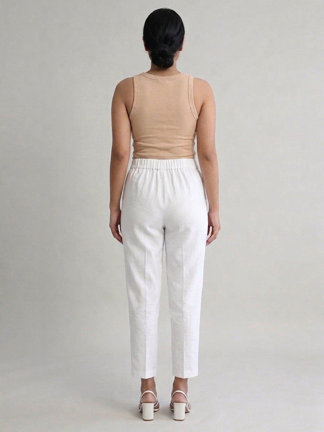 White Cotton Linen Straight Pants with Drawstring Waist