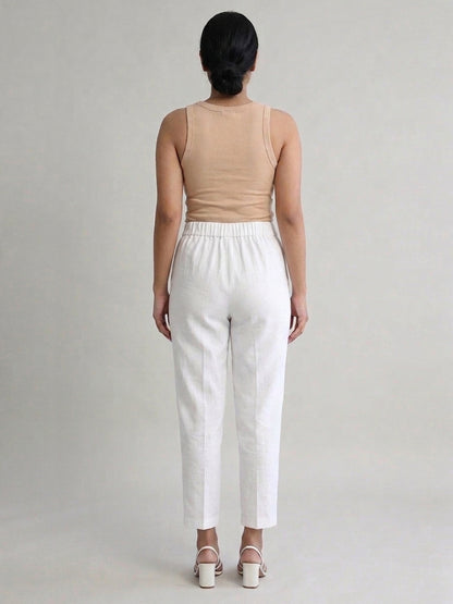 White Cotton Linen Straight Pants with Drawstring Waist