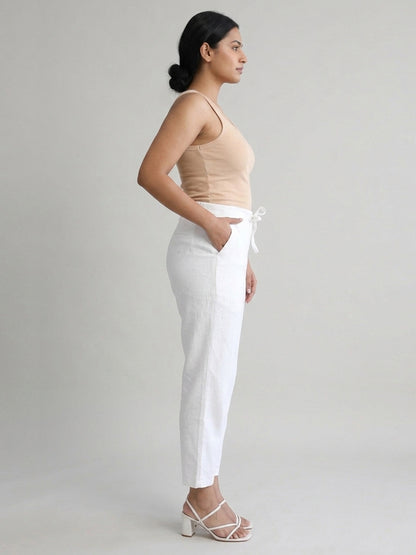 White Cotton Linen Straight Pants with Drawstring Waist