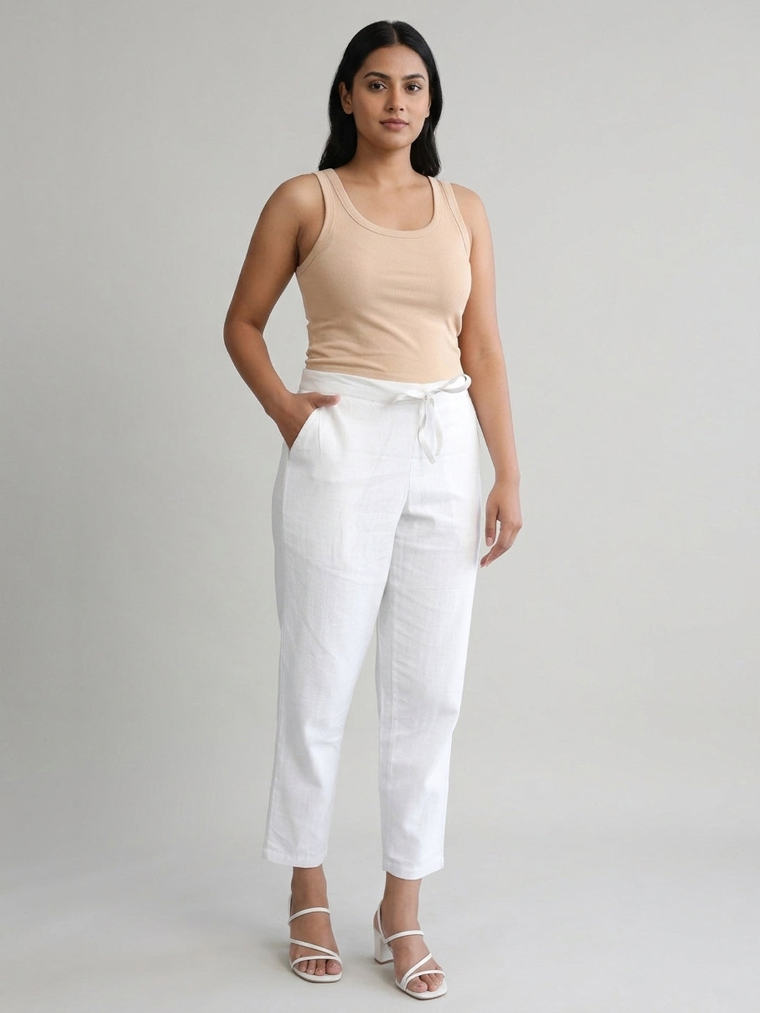 White Cotton Linen Straight Pants with Drawstring Waist