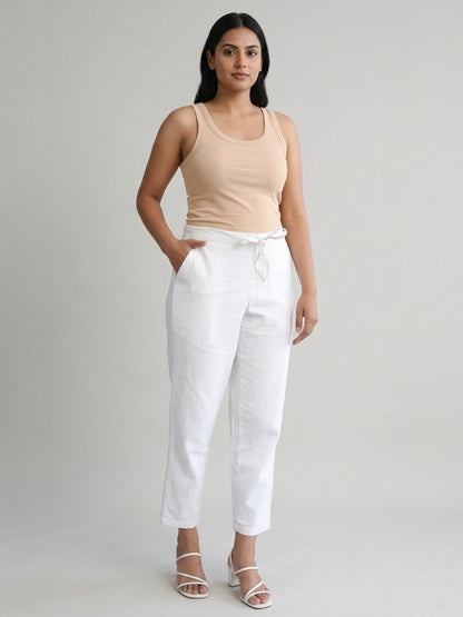 White Cotton Linen Straight Pants with Drawstring Waist